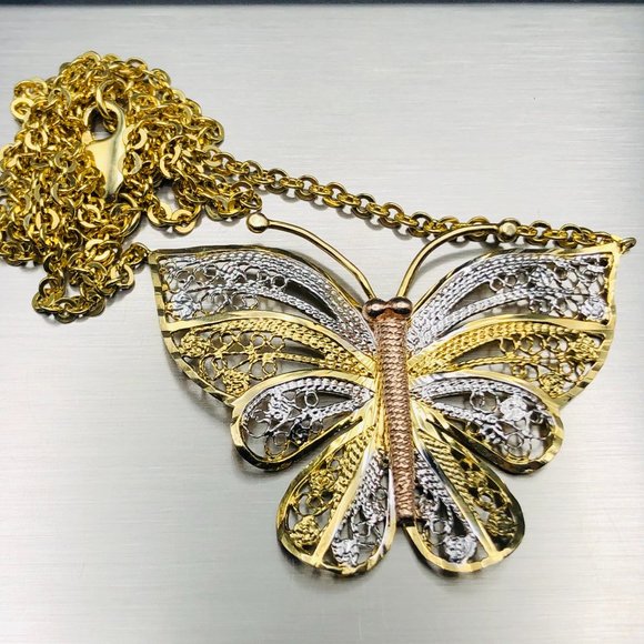 Turkey Rolled Y / R Gold Vermeil Sterling Silver Butterfly Necklace, 17", 4.9 Gm - Picture 1 of 12